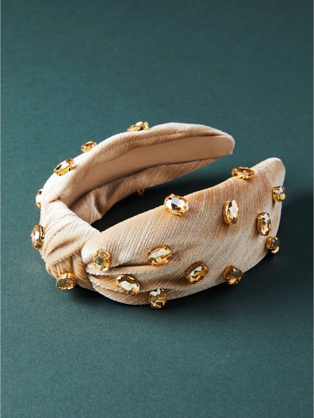 Anthropologie Champagne Velvet Knotted Headband with Gold Rhinestones